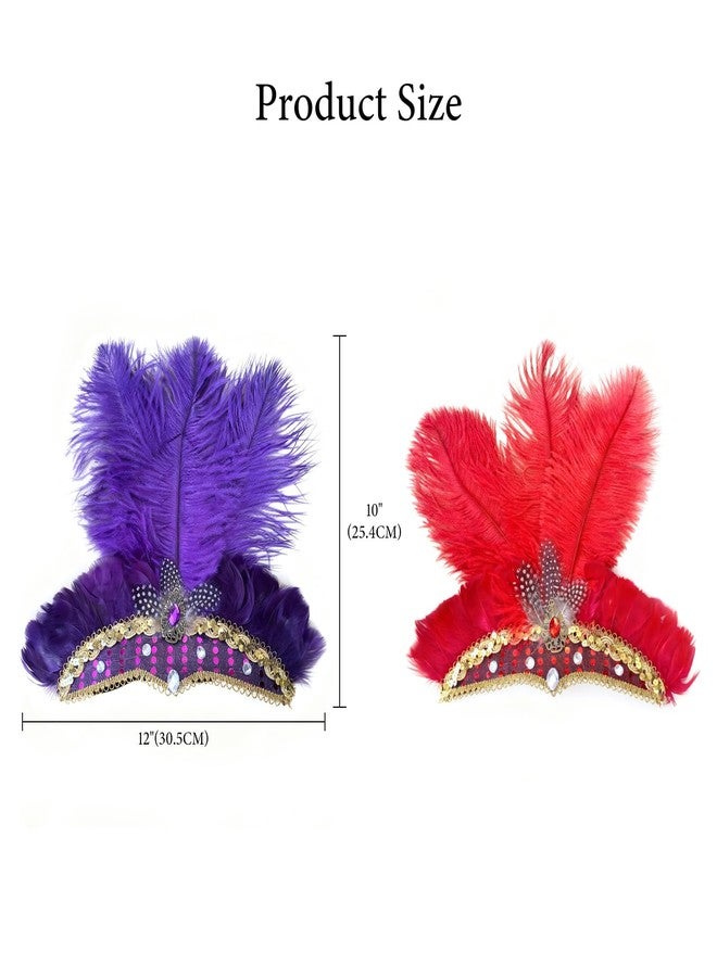 Frstem Showgirl Headpiece Purple Red 10x10 Inch with Glittering Feathers and Adjustable Headband for Carnival Stage Performance and Costume Parties - Image 2